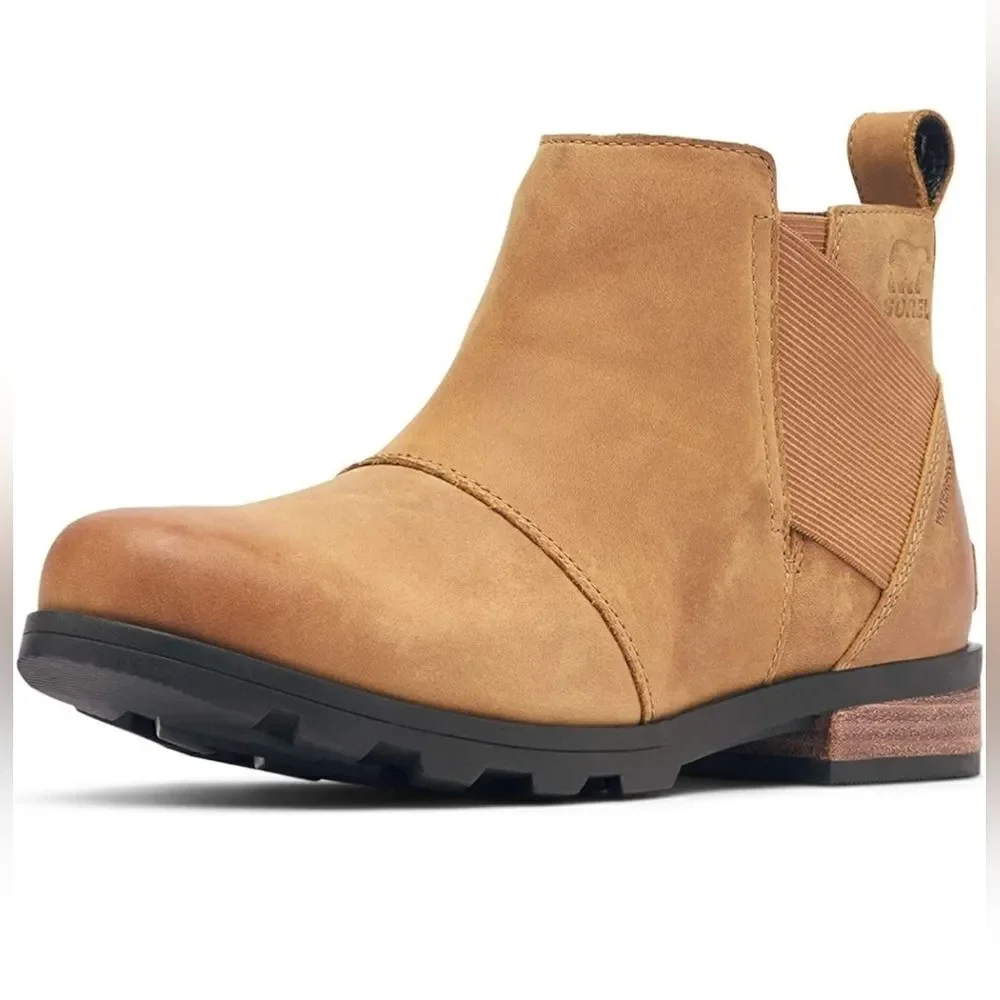 Sorel Emelie Camel Tan Brown Oiled Leather Waterproof Chelsea Ankle Boots Bootie